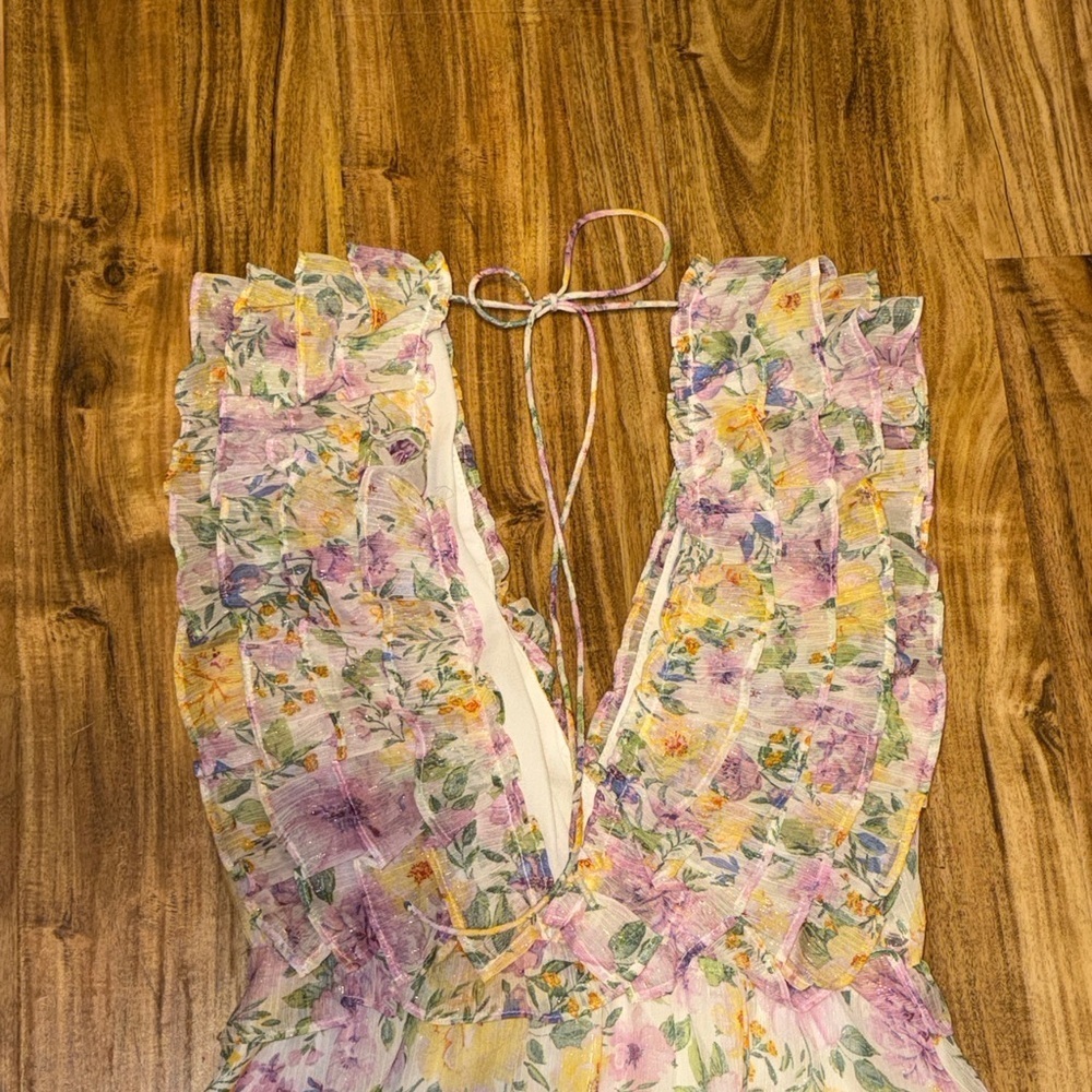 Storia womens medium 8 10 dress floral print ruffle maxi Lavender yellow white - Picture 9 of 12